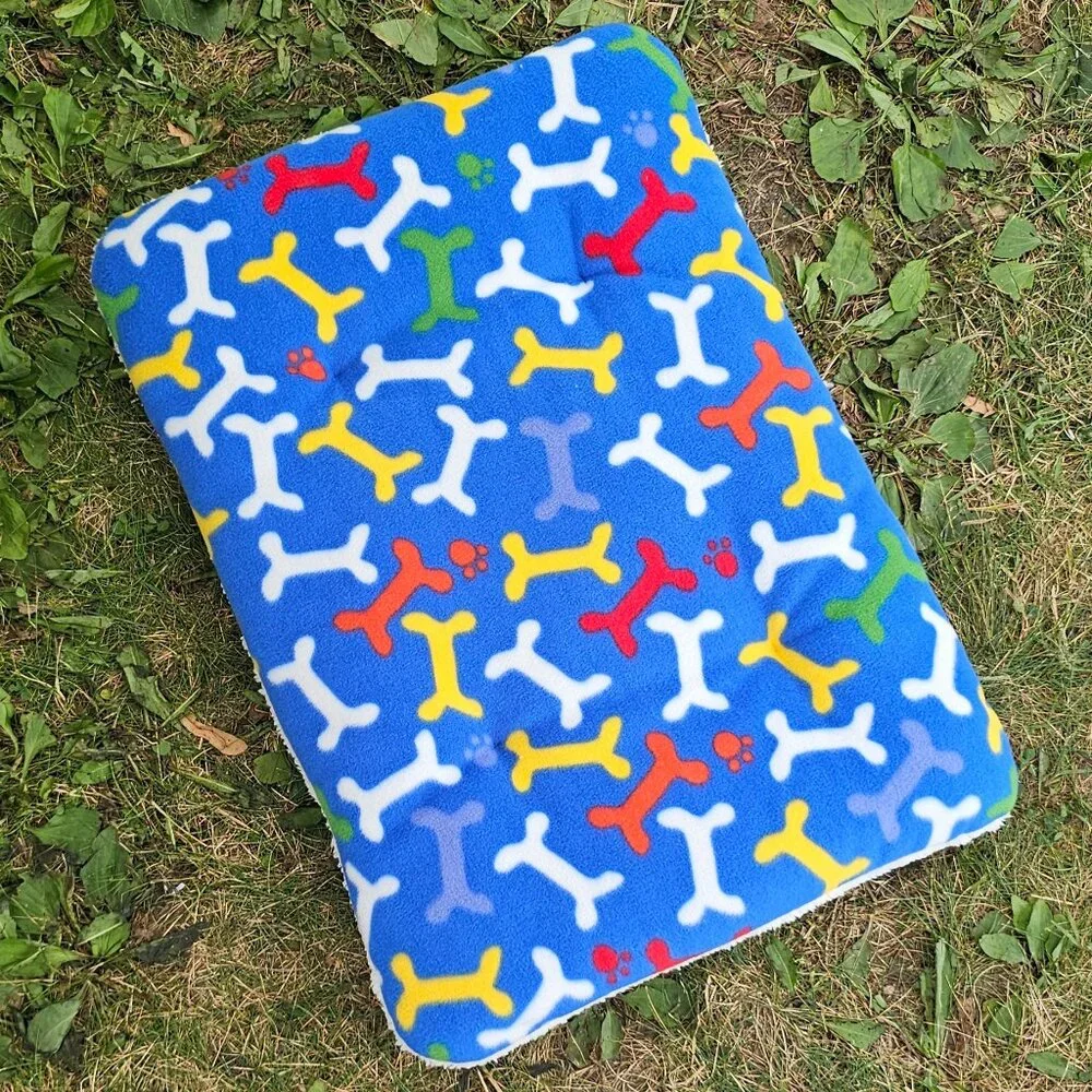 NEW! Blue Colorful Bones Pet Bed - 7 layers, Fleece + Sherpa | Dog Puppy Cat